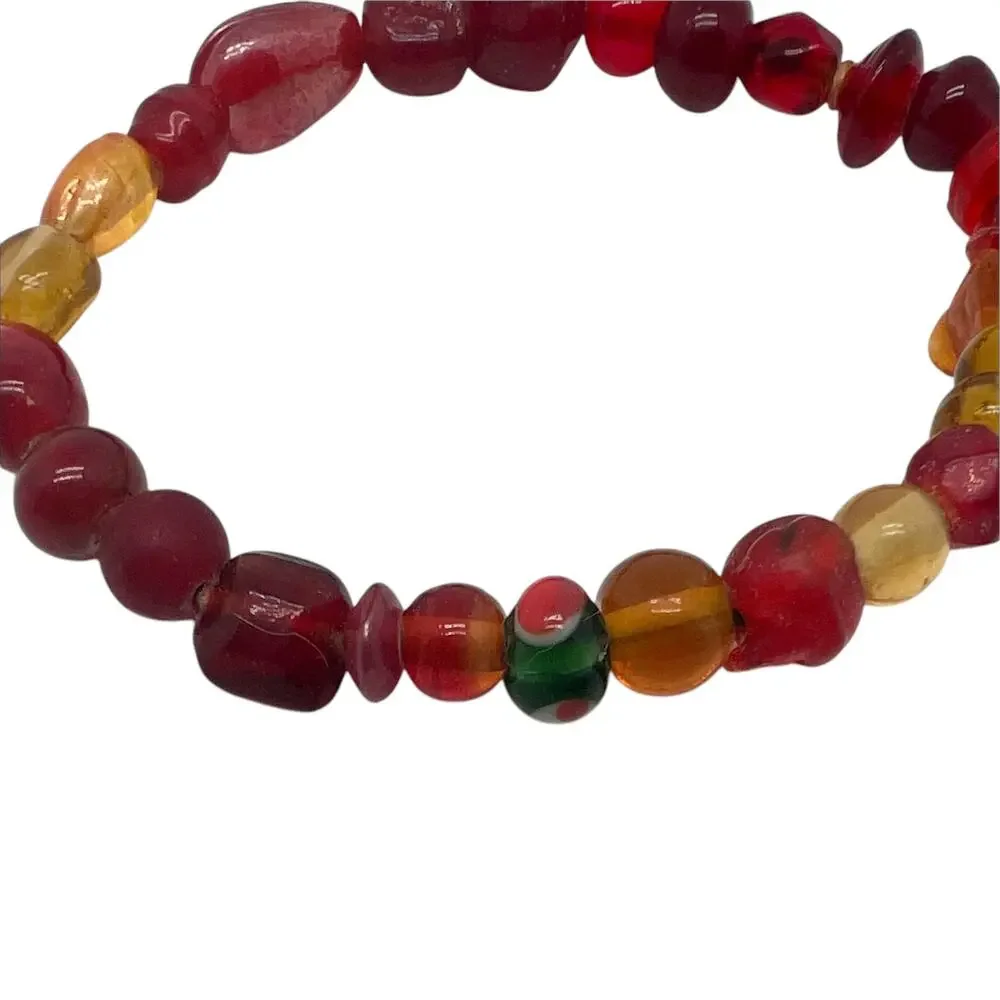 Handmade Red and Yellow Beaded Elastic Bracelet Hand Crafted Artisan